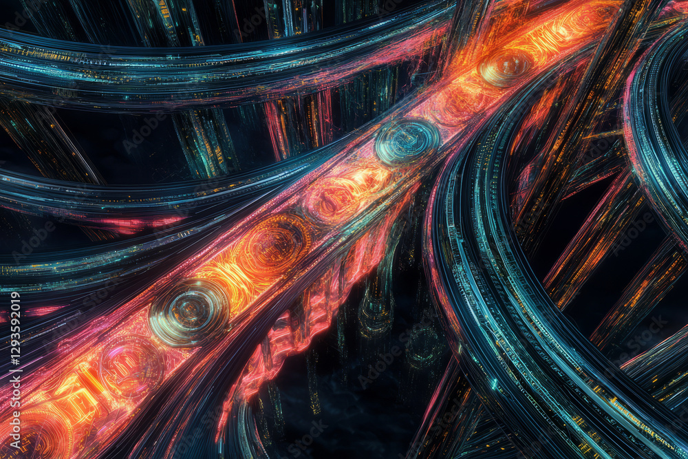 Aufkleber a futuristic visualization of a high-speed ai-driven data highway, featuring glowing cybernetic conn
