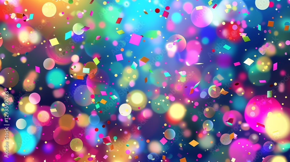 Poster a colorful, abstract background with confetti and bokeh lights.