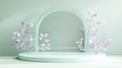A minimalist podium for product display in pastel green and lavender colors, with an arch-shaped background and simple leaf decorations on the sides