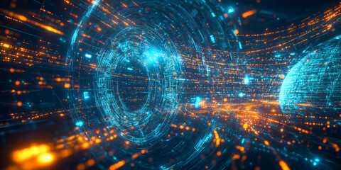 Obraz premium A futuristic AI-driven hyper-intelligent knowledge database, displaying glowing cybernetic quantum information processing pathways, pulsating holographic AI-driven data organization grids, and