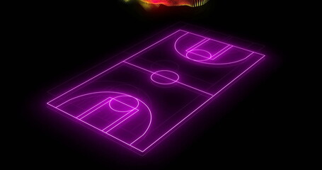 Naklejka premium Image of yellow and red particle wave over purple neon basketball court on black background