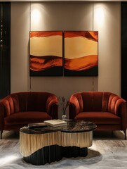 Luxurious red velvet chairs and stylish coffee table in a room