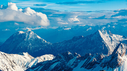 Alpine summer view witn Mount Hohe Munde seen from Mount Zugspitze, Garmisch-Partenkirchen, Werdenfelser Land, Bavaria, Germany