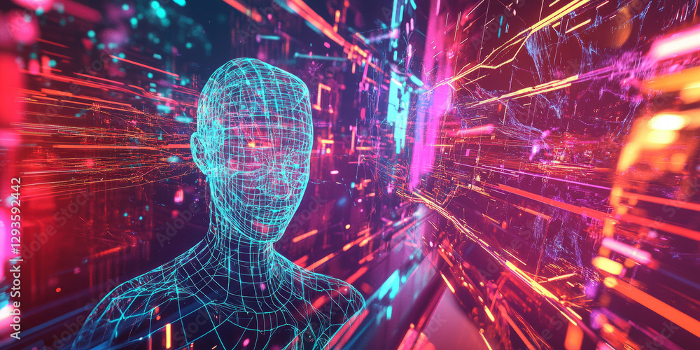 Poster a mesmerizing futuristic ai-driven holographic digital artistâ€™s studio, displaying glowing cyberne