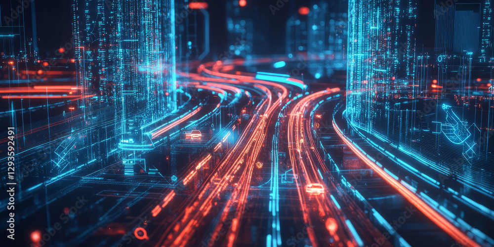 Poster a futuristic smart transportation network, featuring glowing ai-driven self-driving car pathways, cy
