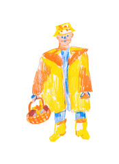 Man in raincoat and hat collecting mushrooms on white isolated background. Autumn illustration with people in oil pastels in children's style