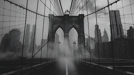 Foggy Brooklyn Bridge, NYC skyline, misty morning, cityscape view, travel photography