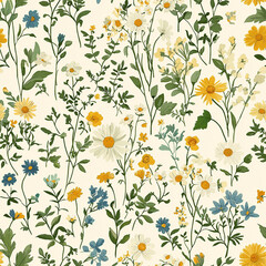 Floral seamless pattern in vintage rustic style, colored garden illustration
