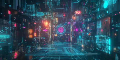 Fototapeta premium A glowing futuristic AI-powered neuromorphic computing network, displaying cybernetic deep learning pathways, pulsating holographic brain-inspired processor nodes, and swirling quantum-enhanced
