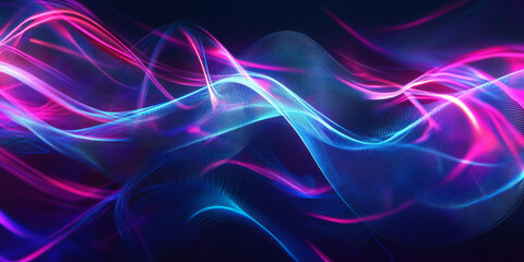 Obraz premium A high-tech abstract background with infinite, glowing neon ribbons dynamically weaving through a luminous holographic space. The futuristic luminescence and softly pulsing digital glow create a