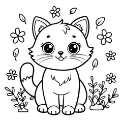 cat Coloring Page Cat with Flowers and Leaves