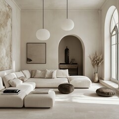 A modern minimalist living room is furnished with elegant items