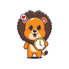 Lion cartoon vector illustration with clock