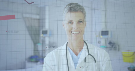 Image of financial data processing over happy caucasian female doctor