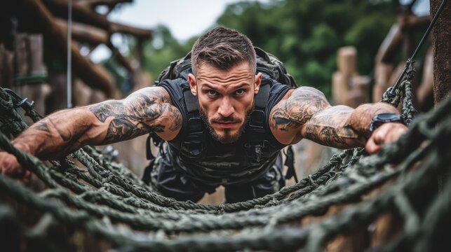 Determined Male Soldier in Tactical Gear Overcoming a Challenging Obstacle Course While Displaying Strength and Focus Outdoors