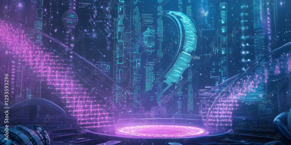 Poster a futuristic ai-driven genetic research lab, displaying glowing cybernetic dna sequencing pathways, 