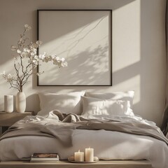 A bed with a white comforter and pillows. A vase with flowers on a table next to the bed. A framed picture on the wall