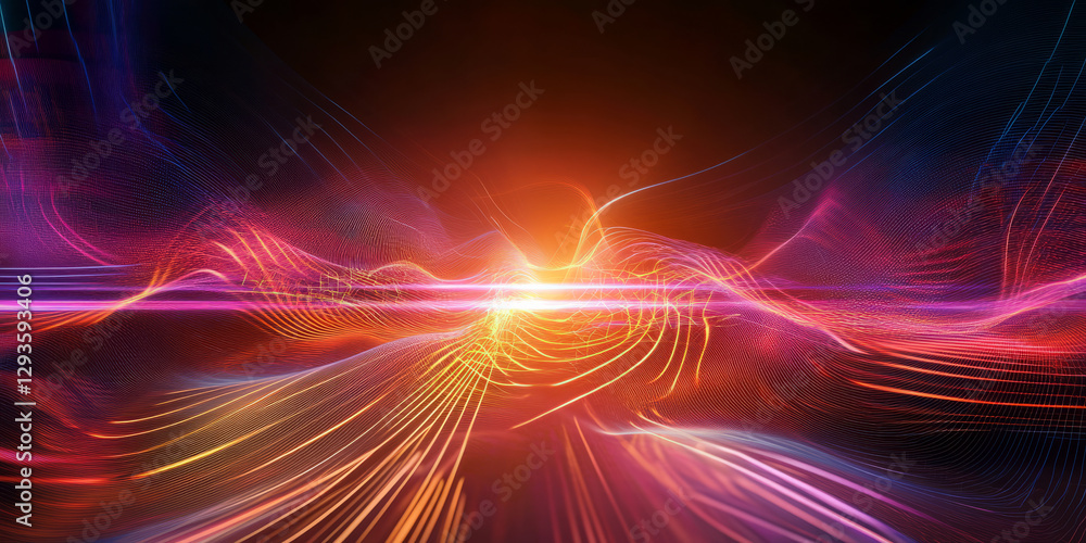 Poster a visually stunning abstract background with luminous, flowing waves of neon seamlessly weaving thro