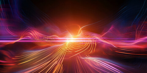 A visually stunning abstract background with luminous, flowing waves of neon seamlessly weaving through a futuristic cybernetic vortex. The high-tech radiance and dynamic reflections enhance the