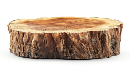An ultra-realistic photo of a large, thick tree stump with rough edges and visible wood grain texture on the top surface, isolated against a white background