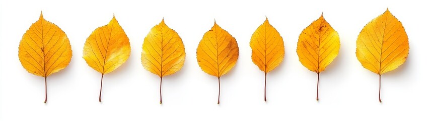 Vibrant Yellow Leaves in a Row on a White Background