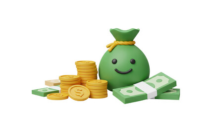 3D Money concept. money bag, coins stack and banknotes. 3d render illustration