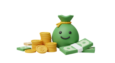 3D Money concept. money bag, coins stack and banknotes. 3d render illustration