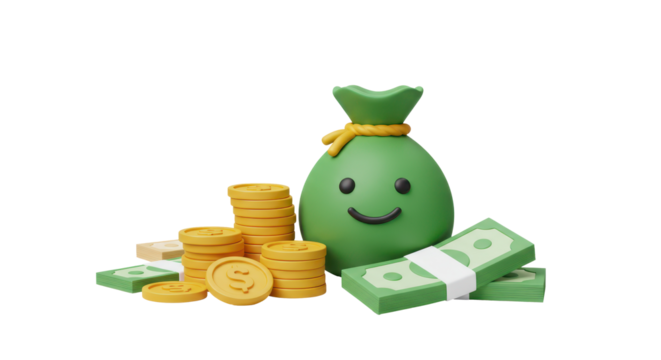 3D Money concept. money bag, coins stack and banknotes. 3d render illustration