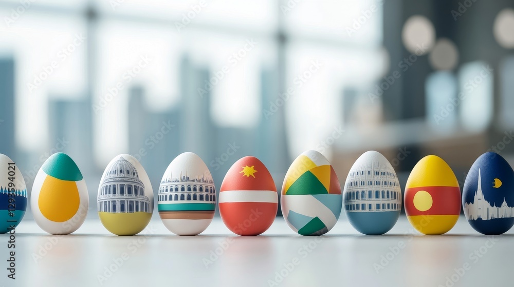 Poster colorful easter eggs displaying unique cultural designs and patterns