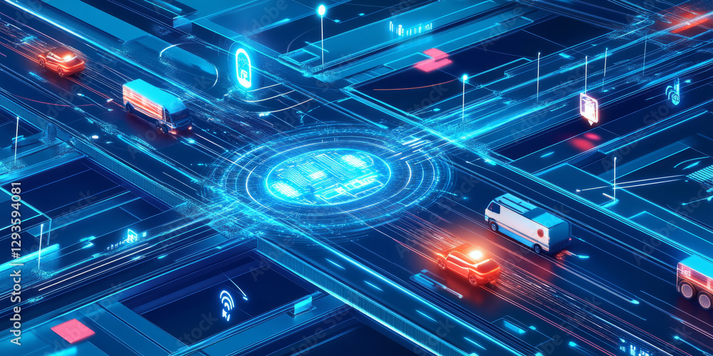 Poster a glowing futuristic ai-powered smart transportation grid, featuring cybernetic autonomous vehicle n