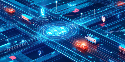 A glowing futuristic AI-powered smart transportation grid, featuring cybernetic autonomous vehicle navigation pathways, pulsating holographic urban traffic control nodes, and swirling digital mobility