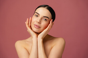 The image depicts a serene woman with a graceful pose and minimalistic style, highlighting a calm...