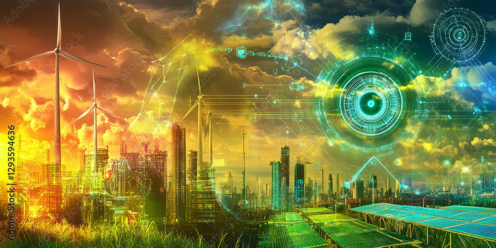 Aufkleber a glowing futuristic ai-powered climate engineering system, featuring cybernetic weather modificatio