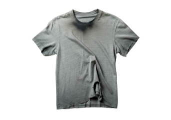 Torn gray men's t-shirt on isolated white background showcasing wear and tear