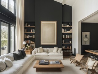 Fototapeta premium A living room with a white couch and a black couch. There is a coffee table in the middle of the room. A large picture hangs on the wall. There are many books on the shelves