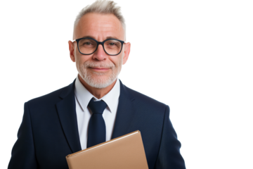 Approachable middle-aged White male business coach with notebook isolated on transparent white background
