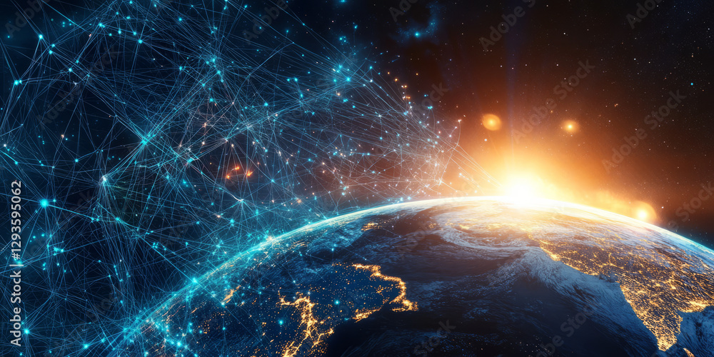 Poster a mesmerizing futuristic ai-driven planetary colonization concept, displaying glowing cybernetic ext