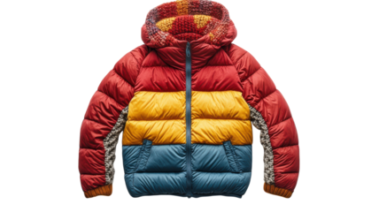Colorful puffer jacket with a unique design featuring red, yellow, and blue sections on a neutral background