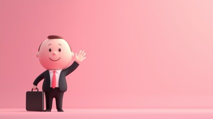 Cartoon businessman waving goodbye office setting digital art pink background cheerful tone cute character