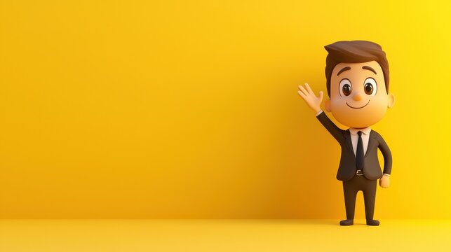 Cartoon businessman waving goodbye office setting 3d animation bright yellow background friendly perspective