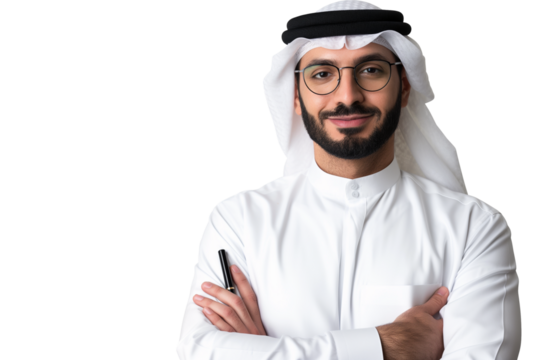 Analytical young Middle Eastern male AI strategist with pen isolated on transparent white background
