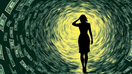 Silhouette of a Woman Walking Through a Tunnel of Money Symbolizing Wealth, Opportunity, and Financial Freedom in a Dynamic Green Environment