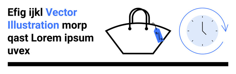 Minimalist design of a shopping bag with a blue price tag beside a clock illustrating time. Ideal for retail, sales, promotion, e-commerce, shopping events, schedule, and marketing campaigns as