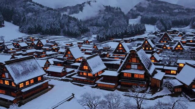 Aerial View of Shirakawa-go in Winter: A Traditional Japanese Snow-Covered Village