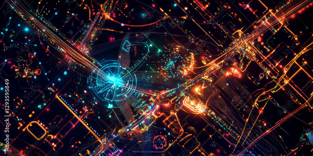 Poster a futuristic ai-powered real-time air traffic management system, featuring glowing cybernetic flight