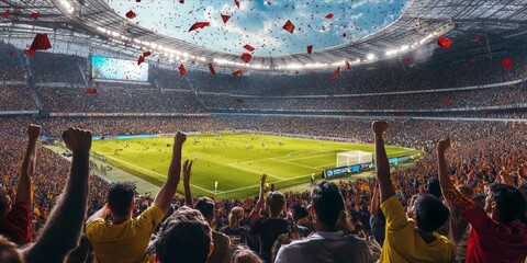 Fans enthusiastically cheering at a soccer stadium.