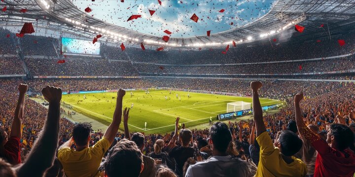 Fototapeta Fans enthusiastically cheering at a soccer stadium.