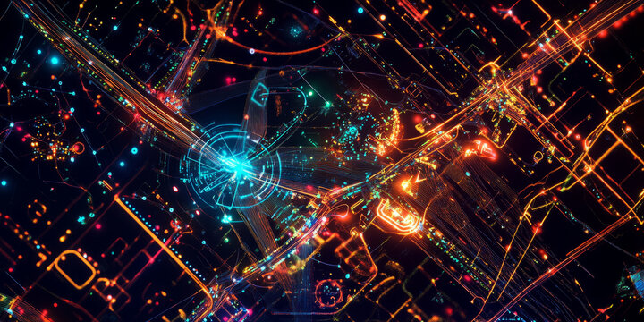 A futuristic AI-powered real-time air traffic management system, featuring glowing cybernetic flight optimization pathways, pulsating holographic predictive route planning grids, and swirling