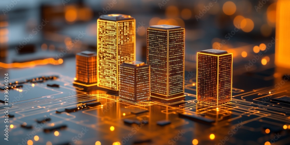 Poster digital cityscape data-driven towers illuminating a glowing circuit board, symbolizing innovation