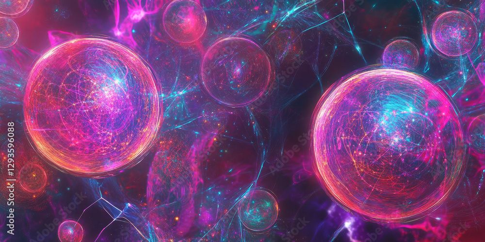 Aufkleber a surreal abstract background with floating transparent orbs, gently illuminated by holographic neon